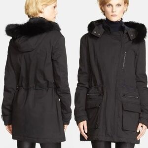 ✨ 🖤 Vince Women Cotton Jacket w/ Genuine Coyote Fur Trim Black Size S EUC